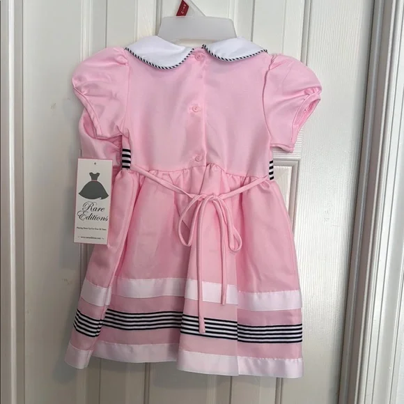 Rare Editions Pink Dress with Navy Striped Accents and Bow with matching hat - Picture 9 of 14